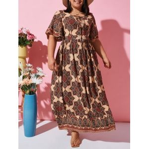 

Flutter Sleeve Ethnic Printed Lace Up Plus Size Dress, Coffee
