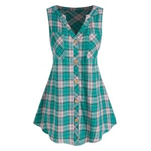 

Plus Size Sleeveless Pockets Plaid Blouse, Green