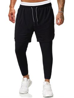 Drawstring Layered 2 In 1 Capri Sports Pants - BLACK - XS