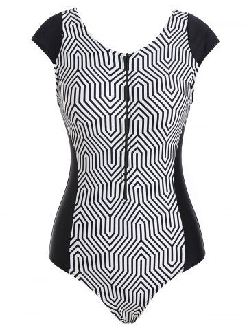 Zip Front Geometric Stripes One-piece Swimsuit - BLACK - M