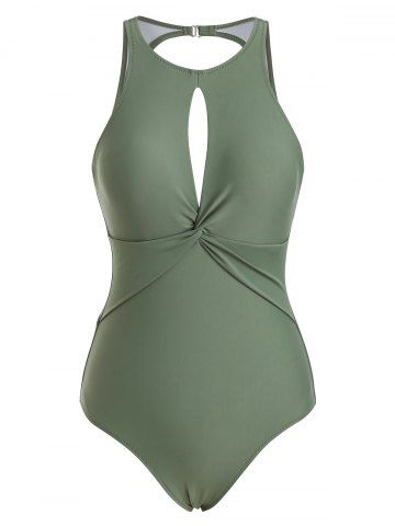 Twisted Keyhole Open Back One-piece Swimsuit - DEEP GREEN - L