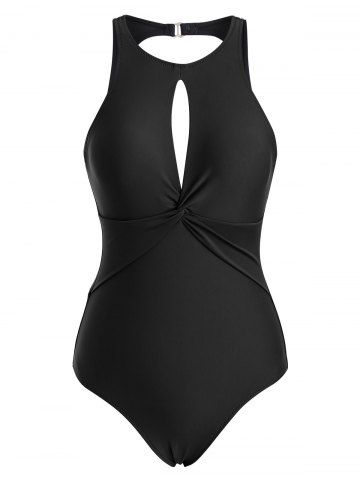 Twisted Keyhole Open Back One-piece Swimsuit - BLACK - XL