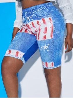 Plus Size Distressed American Flag 3D Print Bike Shorts - BLUE - L