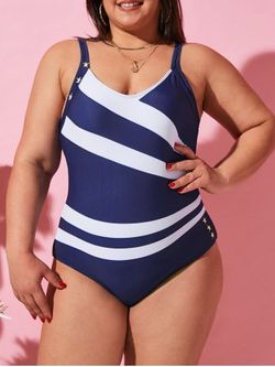 Plus Size 1950s Navy Stripe Star Pattern One-Piece Swimsuit - BLUE - 5X