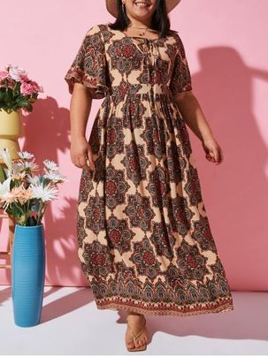 Flutter Sleeve Ethnic Printed Lace Up Plus Size Dress