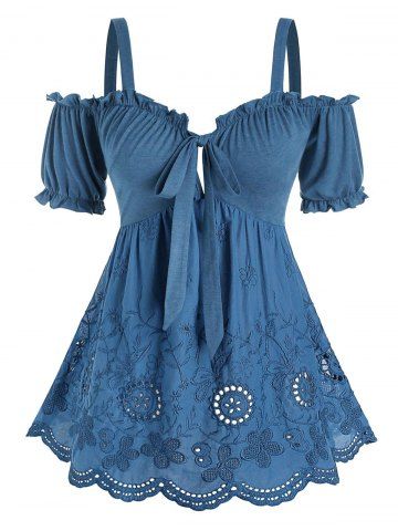 Plus Size Cold Shoulder Embroidery Scalloped Frilled Tee