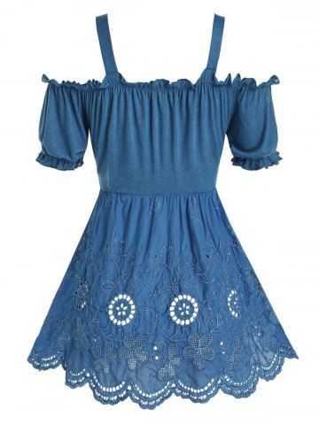 Plus Size Cold Shoulder Embroidery Scalloped Frilled Tee
