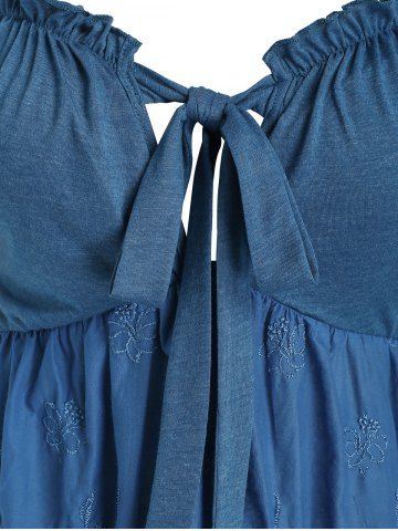 Plus Size Cold Shoulder Embroidery Scalloped Frilled Tee