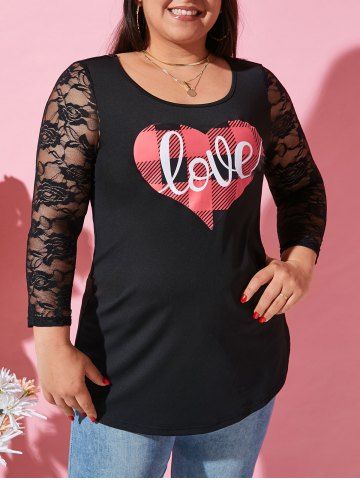 Plus Size Checked Love Heart Graphic Lace Sleeve Tunic Top - BLACK - L