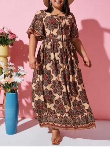 Flutter Sleeve Ethnic Printed Lace Up Plus Size Dress - COFFEE - 2X