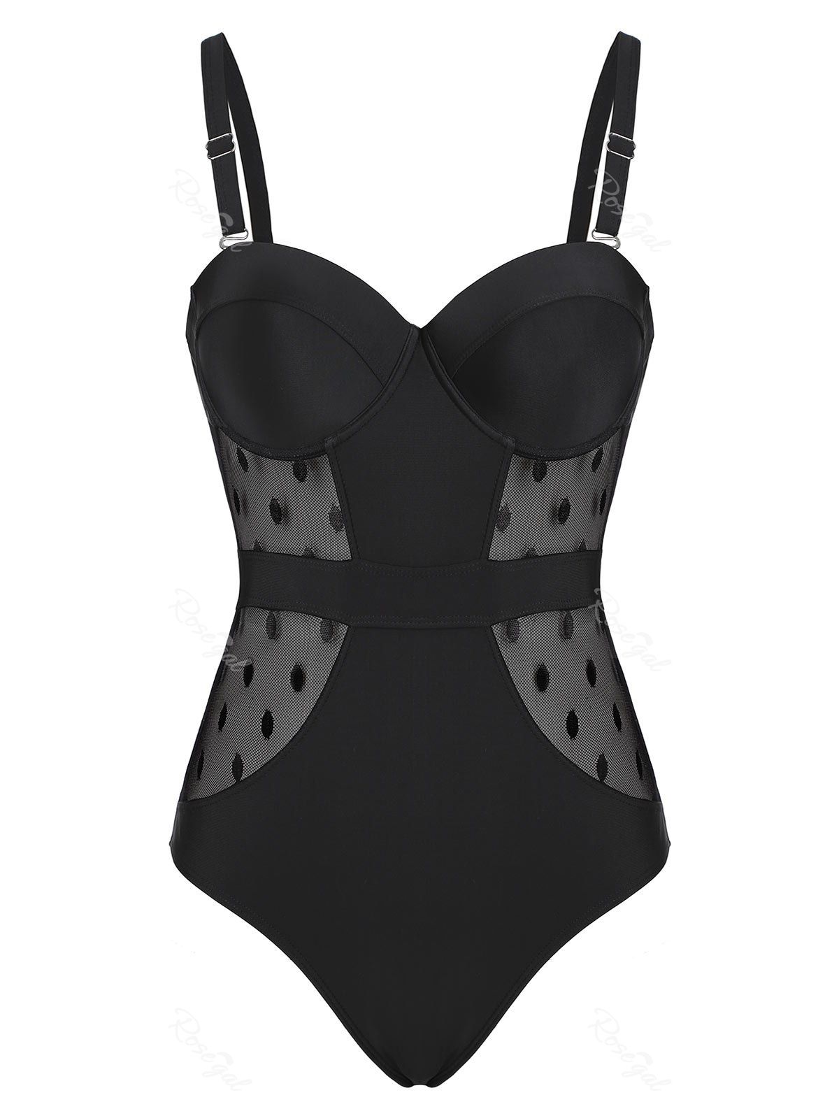 

Plus Size Polka Dot Mesh Insert Underwire One-piece Swimsuit, Black