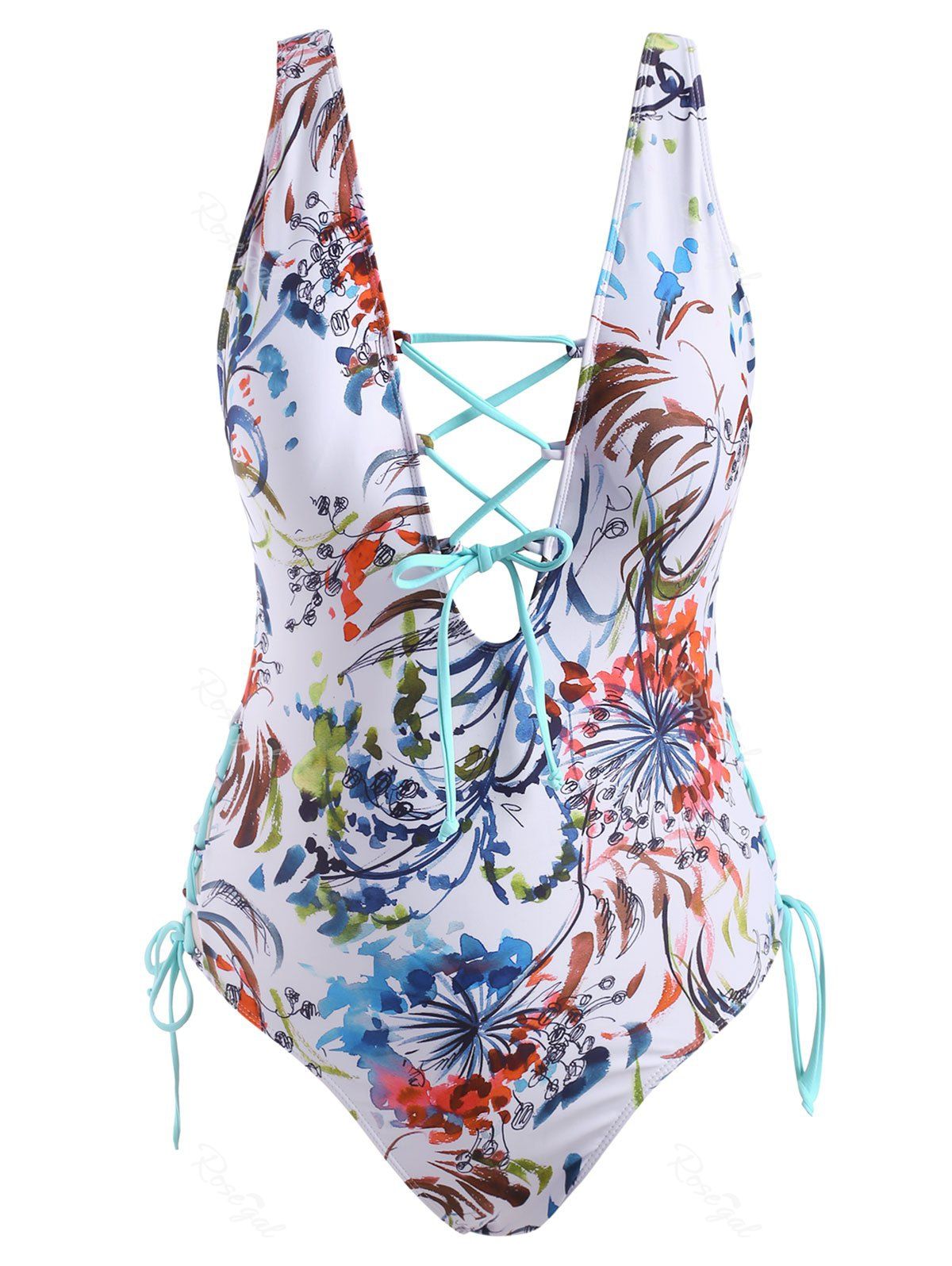 

Plus Size Plant Print Lace-up Padded One-piece Swimwear, Multi