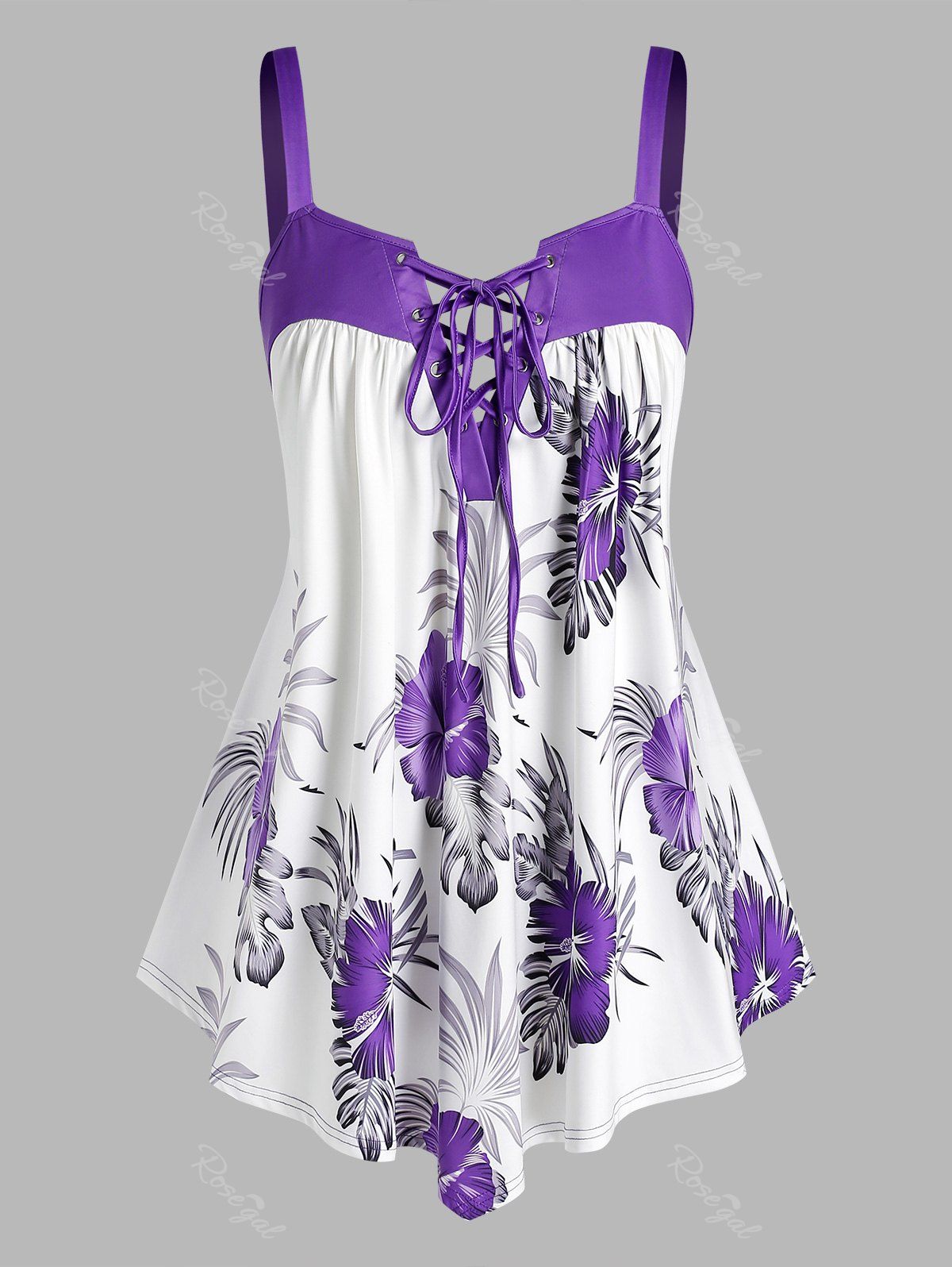 

Plus Size Floral Print Lace Up Tank Top, Purple