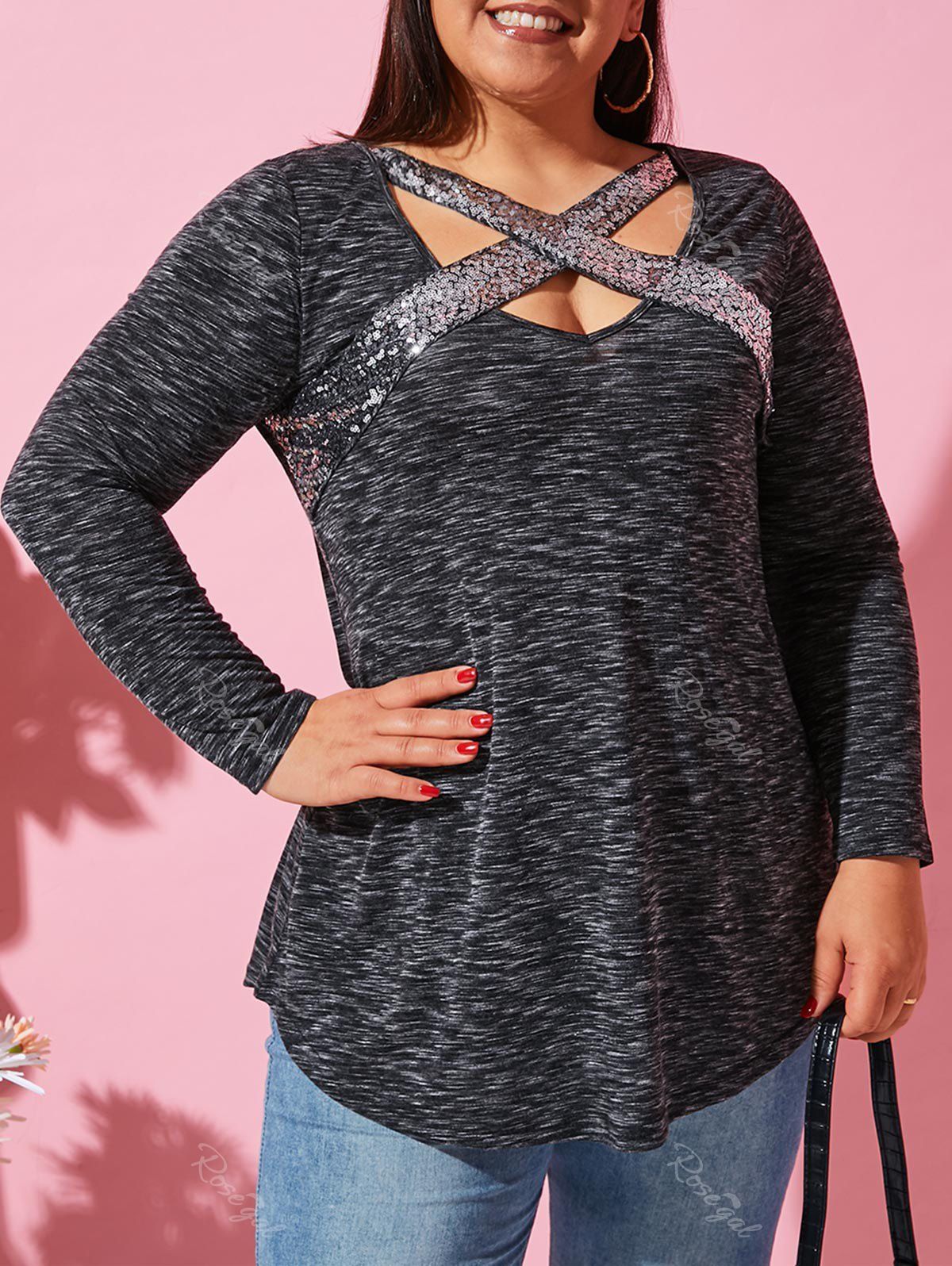 Latest Plus Size Sequined Criss Cross Space Dye Tunic Tee  