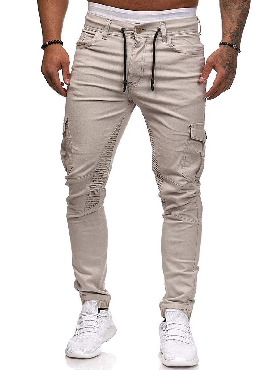 

Pleated Trim Drawstring Cargo Jogger Pants, Blanched almond