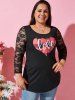 Plus Size Checked Love Heart Graphic Lace Sleeve Tunic Top -  