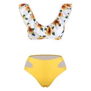 

Sunflower Cut Out Flounces High Waisted Bikini Swimwear, Yellow