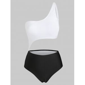 

One Shoulder Cut Out Two Tone One-piece Swimsuit, White