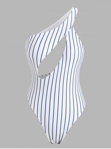 One Shoulder Striped Cutout One-piece Swimsuit - WHITE - S