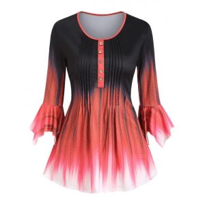 

Mock Button Pintuck Dip Dye Bell Sleeve T Shirt, Red
