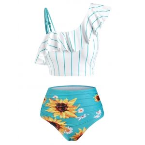 

Striped Sunflower Print One Shoulder Flounce Overlay Tankini Swimwear, Sea green