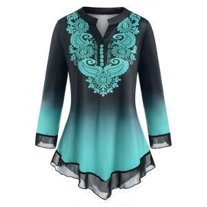 

Plus Size Ombre Print V Notch Placket Ruffle Tunic Tee, Green
