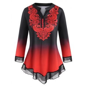 

Plus Size Ombre Print V Notch Placket Ruffle Tunic Tee, Red