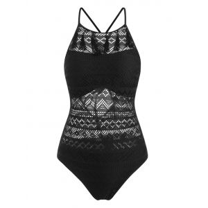 

Openwork Tassels Criss Cross One-piece Swimsuit, Black