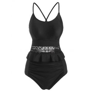 

Flounces Eyelet Ruched Lace Up One-piece Swimsuit, Black