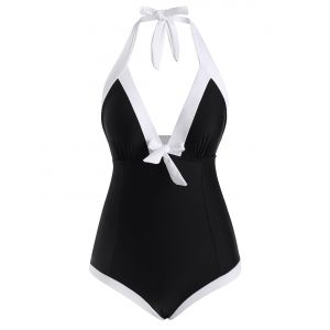 

Colorblock Knotted Ruched One-piece Swimsuit, Black