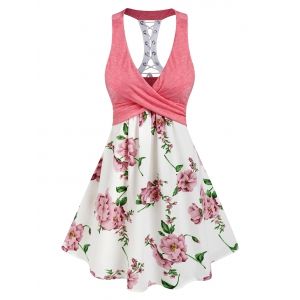 

Sleeveless Flower Print Lace-up Crossover Dress, Light pink