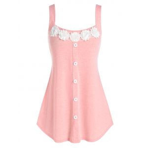 

Plus Size Flower Embellished Mock Button Round Hem Tank Top, Light pink