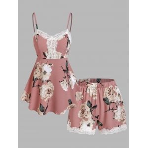 

Flower Print Spaghetti Strap Lace Insert Sleepwear Set, Light pink