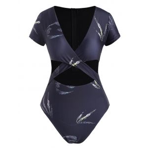 

Leaf Print Criss Cross Cutout Plunging One-piece Swimsuit, Black