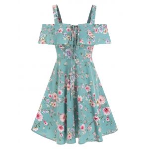 

Cold Shoulder Floral Print Lace-up Dress, Light blue