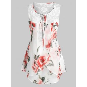 

Plus Size Sleeveless Floral Print Lace Insert Blouse, White