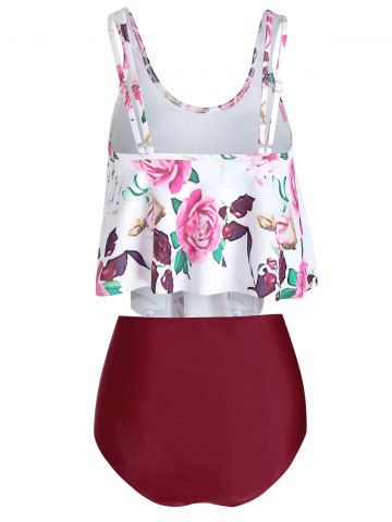 

Floral Print Ruched Tankini Set, Red wine