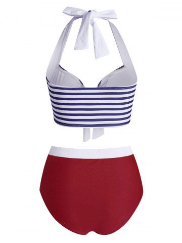 Striped Halter Button Embellished Tied Tankini Swimwear