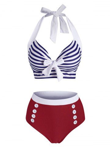 Striped Halter Button Embellished Tied Tankini Swimwear - DEEP BLUE - 2XL