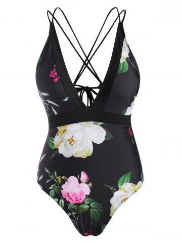 Floral Strappy Lace Up Criss Cross One-piece Swimsuit - BLACK - M
