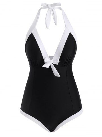 Colorblock Knotted Ruched One-piece Swimsuit - BLACK - M