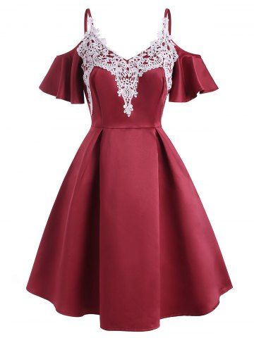 Guipure Lace Applique Cold Shoulder Butterfly Sleeve Swing Dress - RED - XL