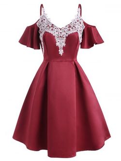 Guipure Lace Applique Cold Shoulder Butterfly Sleeve Dress - RED - XXL