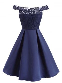 Off The Shoulder Lace Panel Pleated Detail Dress - DEEP BLUE - S