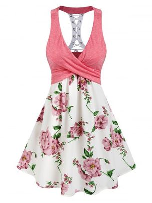 Sleeveless Flower Print Lace-up Crossover Dress