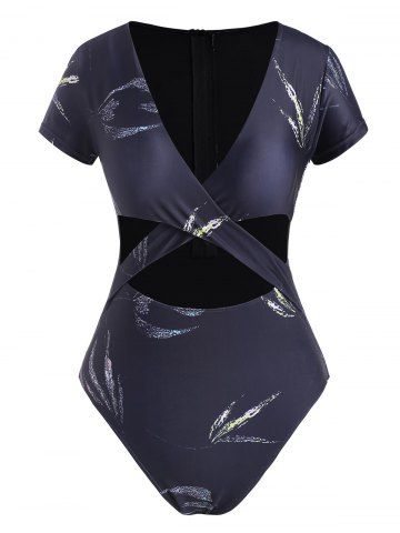 Leaf Print Criss Cross Cutout Plunging One-piece Swimsuit - BLACK - XL