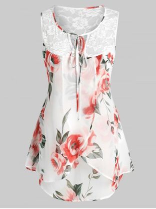 Plus Size Sleeveless Floral Print Lace Insert Blouse