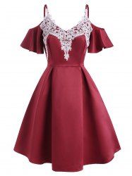 Guipure Lace Applique Cold Shoulder Butterfly Sleeve Swing Dress -  