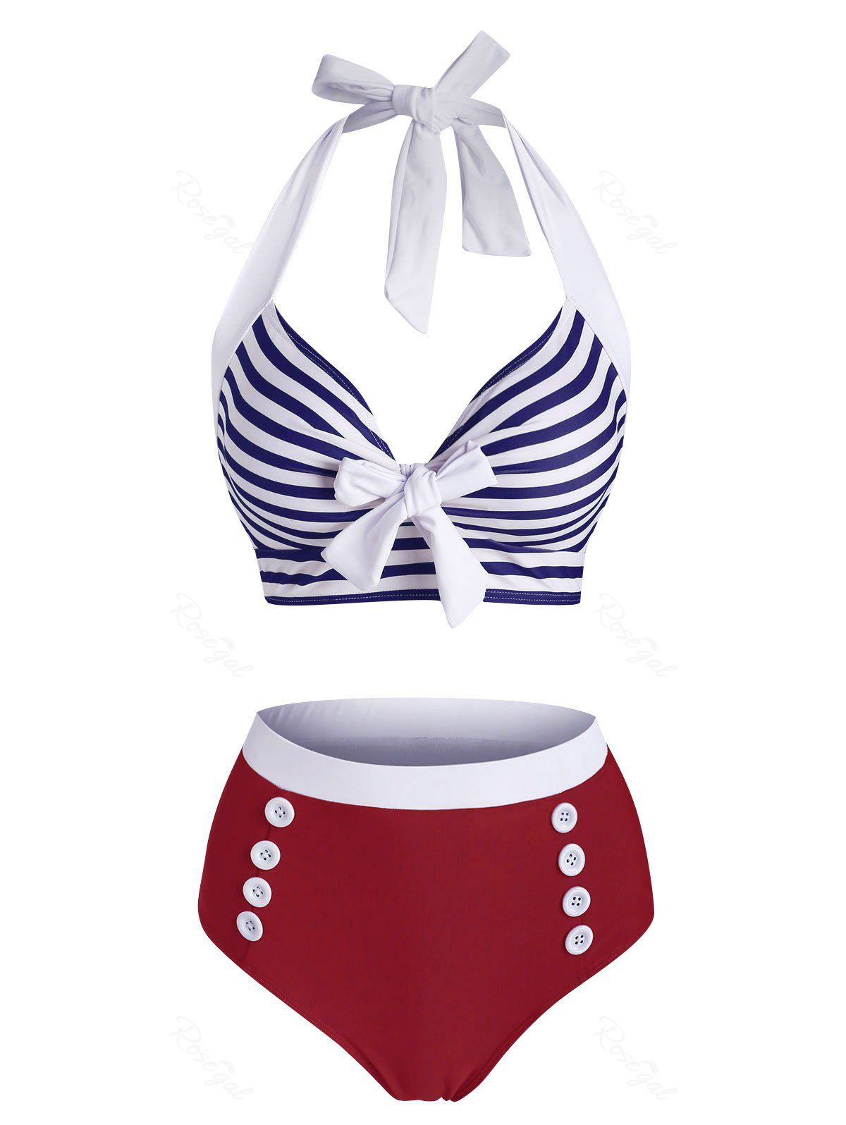 Maillot de Bain Tankini Noué Rayé Embelli de Bouton à Col Halter Bleu profond 2XL
