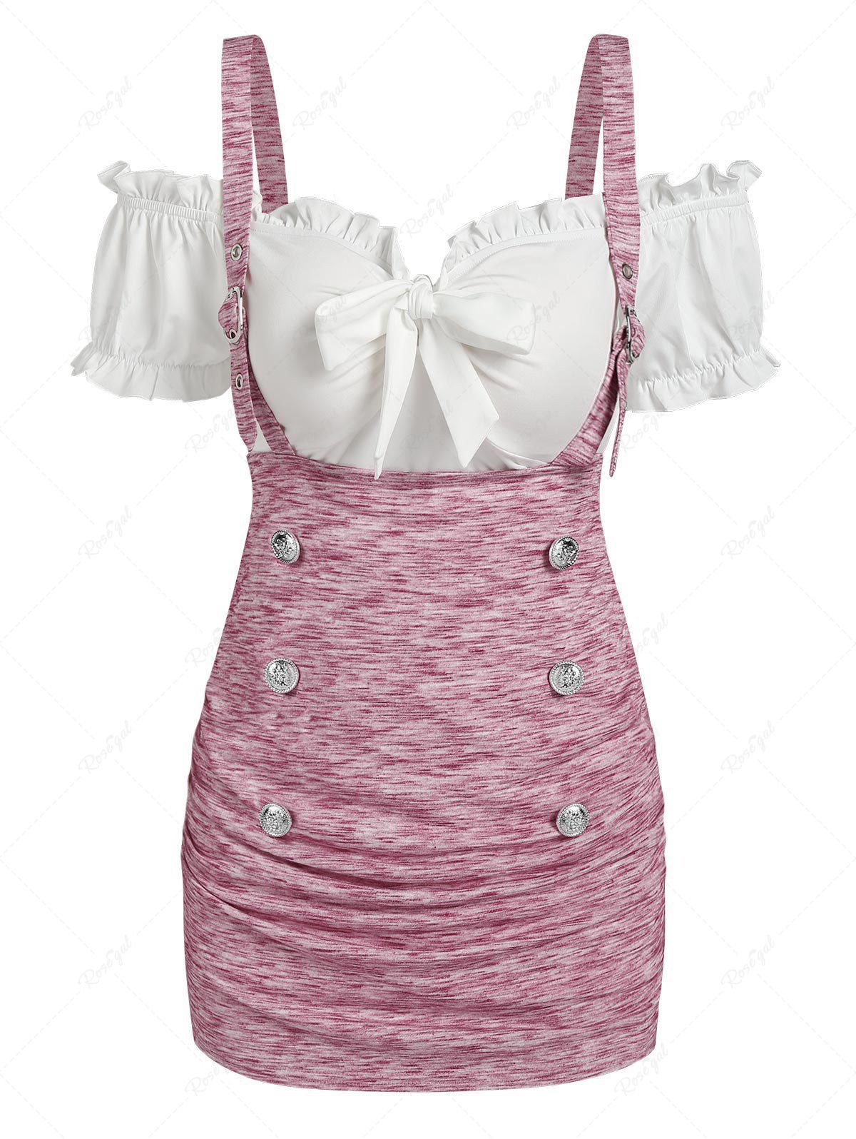 Shops Off The Shoulder Bowknot T-shirt and Heathered Underbust Suspender Top  